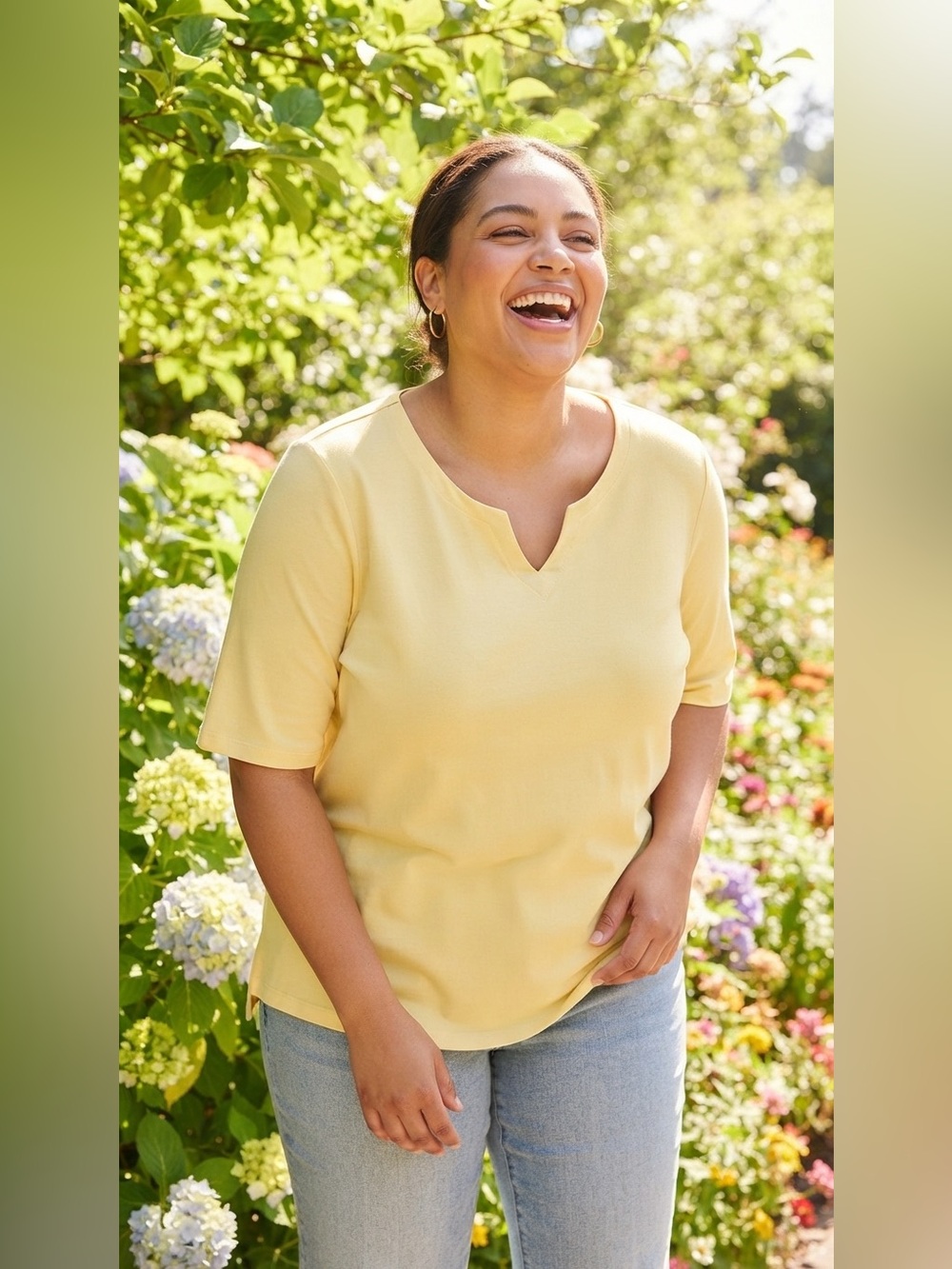 SIZE 1X Denim & Co.® NEW Women's Notch Neck Yellow Top Cotton Blend